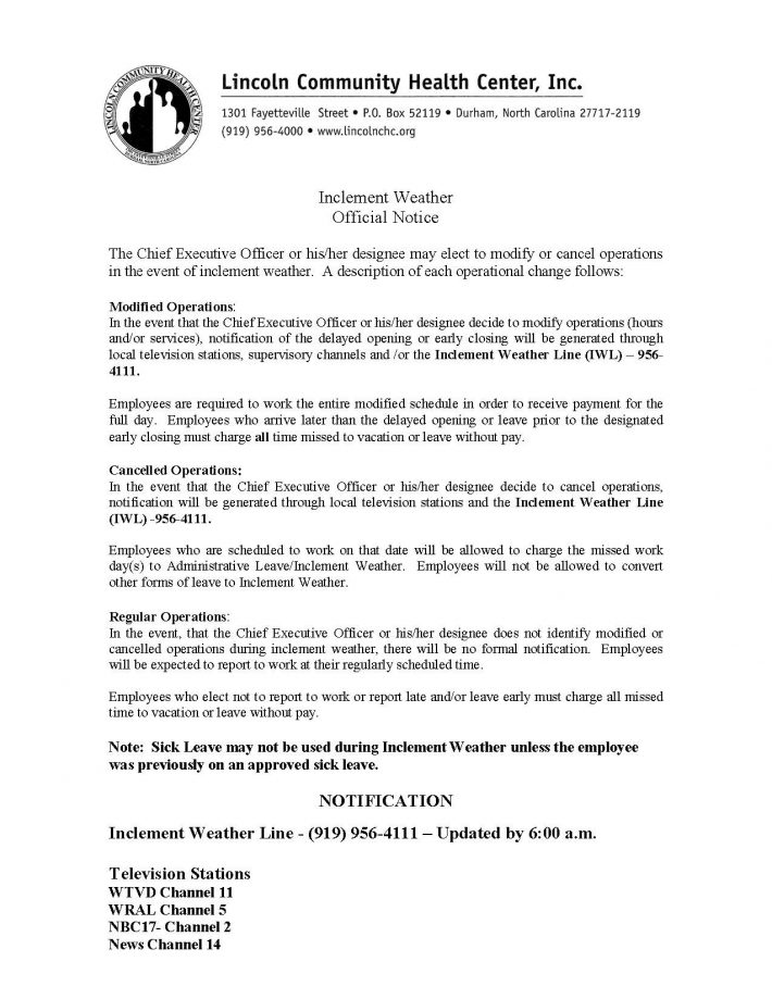 LCHC INCLEMENT WEATHER NOTICE